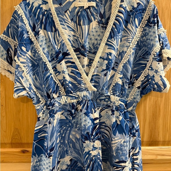 America & Beyond Tropical Dress with Lace and Pom Pom Trim Beach Summer Resort - Picture 2 of 12